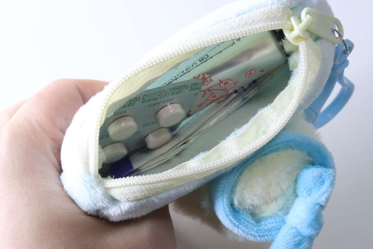 ダイソーの四角ポーチ（ひよこ）に薬を入れる