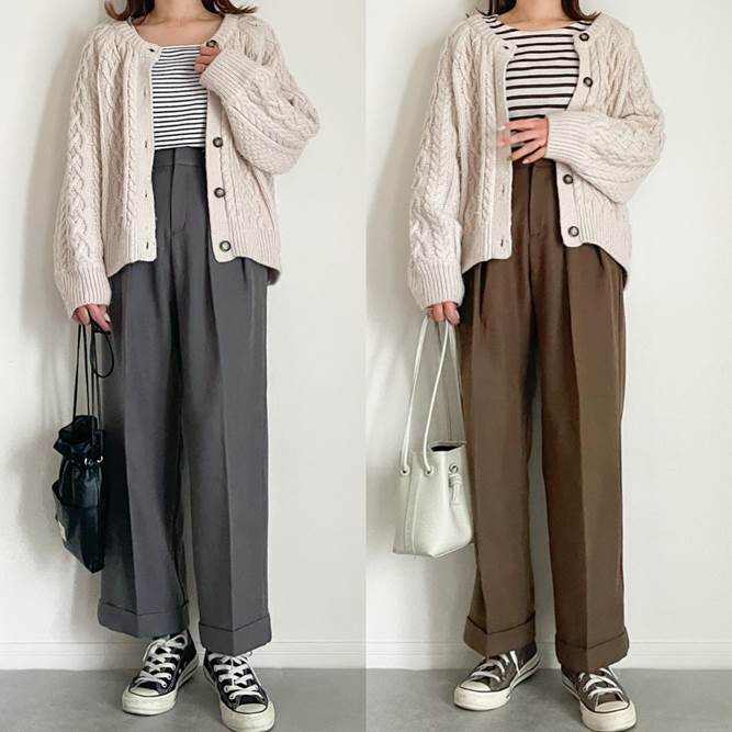 GU　インタックワイドパンツ　コーデ　カーディガン