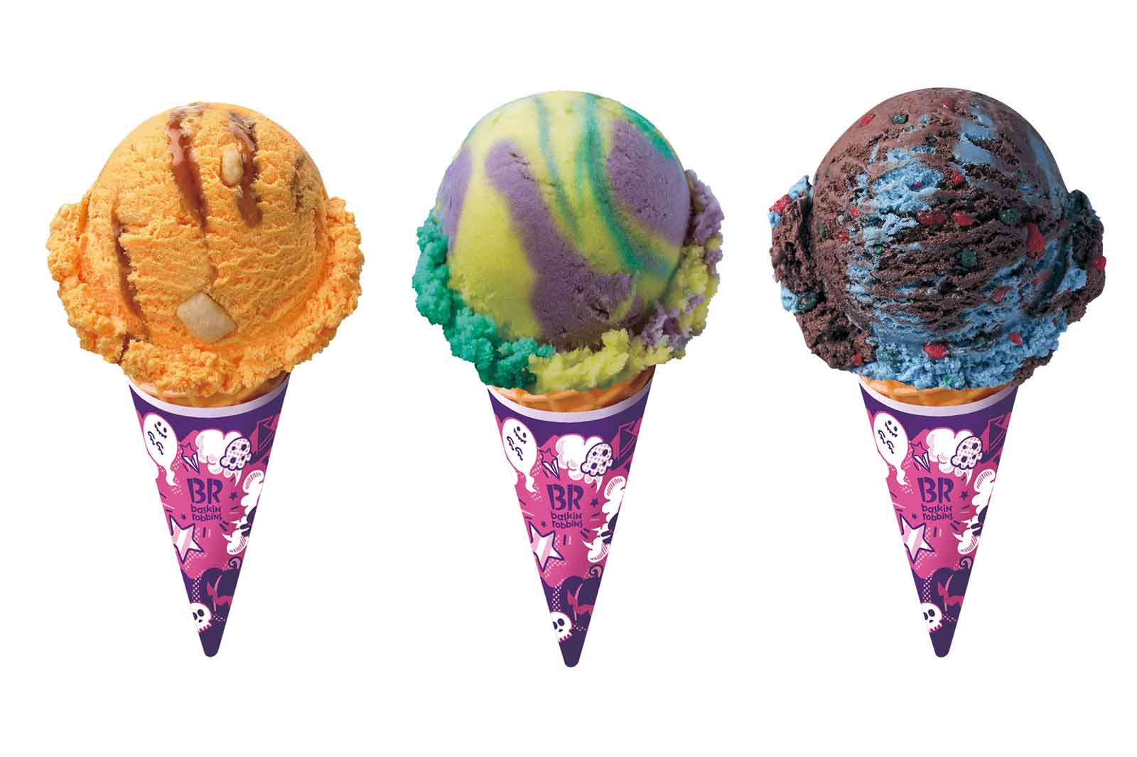 左から：パンプキンパイ、ネオンモンスター、マジカルミントナイト／画像提供：B-R サーティワン アイスクリーム株式会社