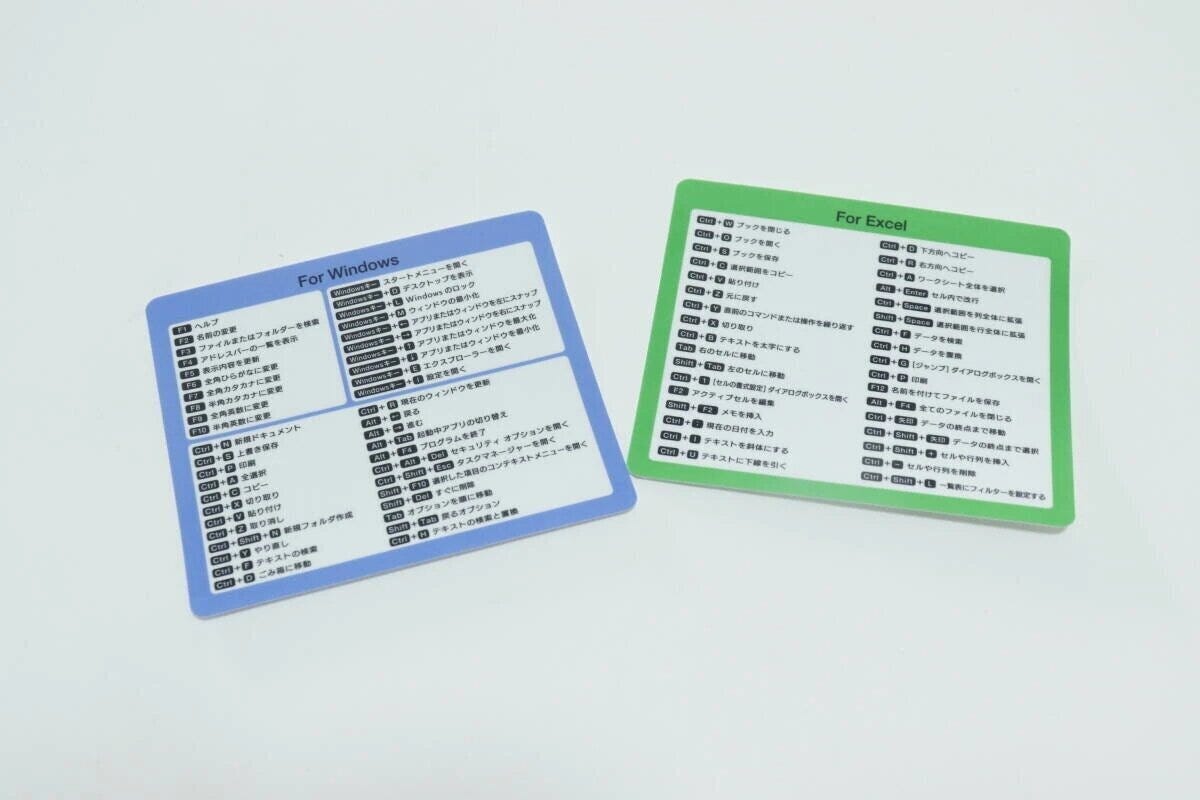 Windows用とExcel用のショートカットキーステッカーが並べられている。 Windows用とExcel用のショートカットキーステッカーが並べられている。
