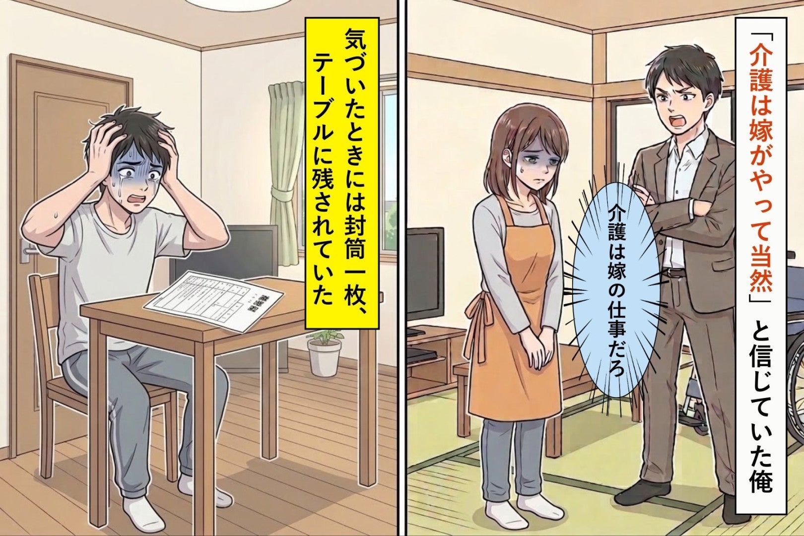 「嫁がやって当然」と信じていた俺→気づいたときには封筒一枚、テーブルに残されていた