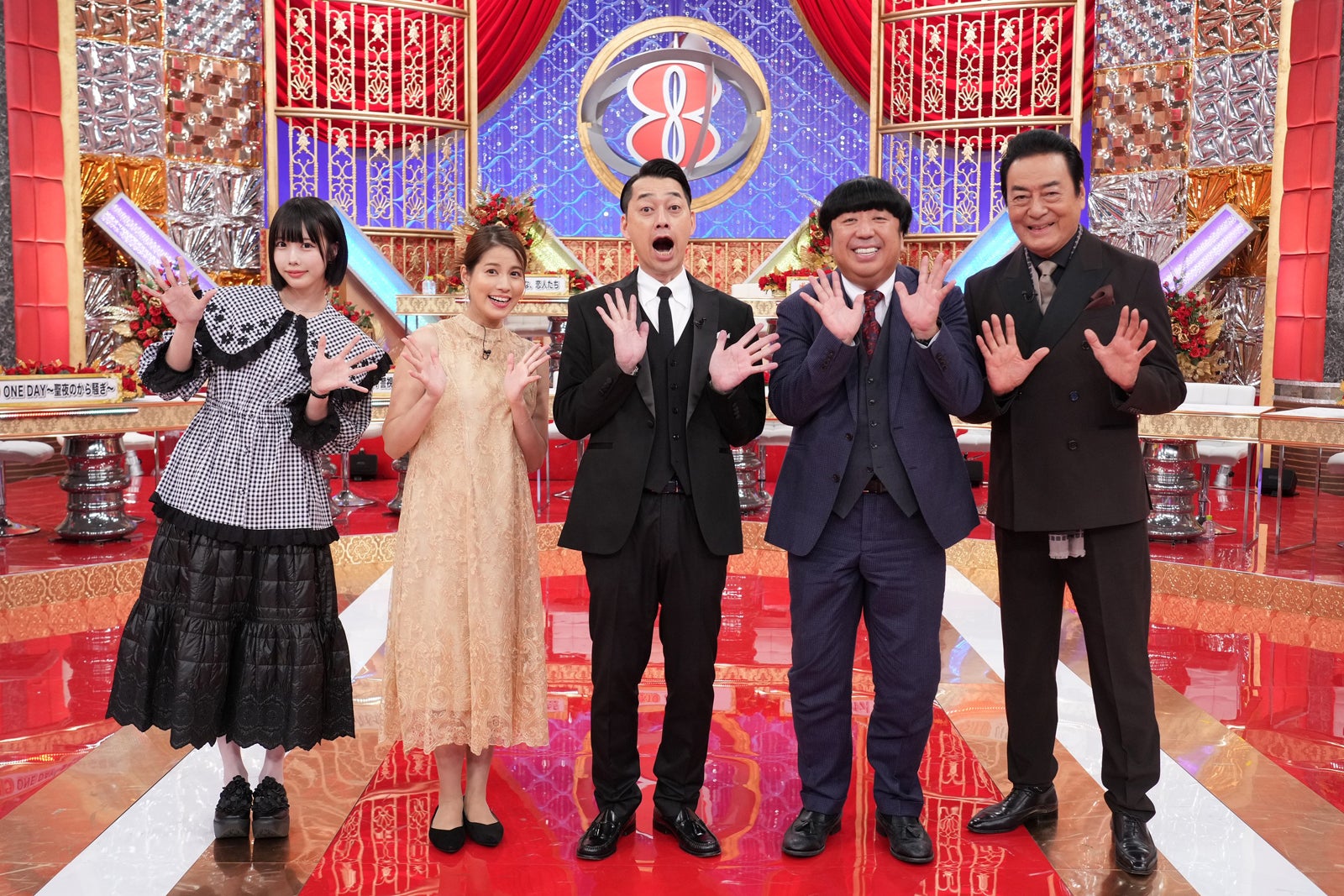 （左から）あの、永島優美、設楽統、日村勇紀、高橋英樹（C）フジテレビ