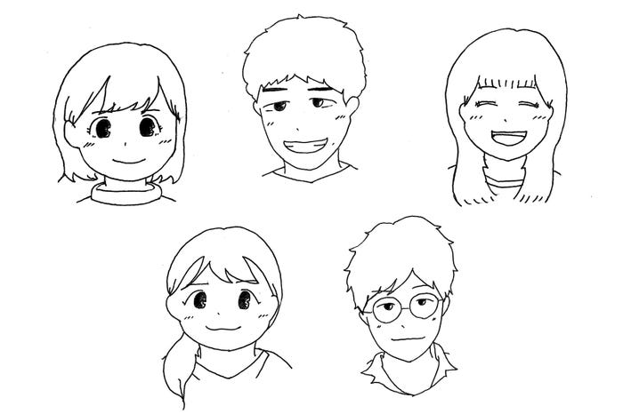 『「日韓」のモヤモヤと大学生のわたし』著者の皆さん/(左上から時計回り)朝倉希実加さん、李相眞さん、沖田まいさん、熊野功英さん、牛木未来さん(提供画像)