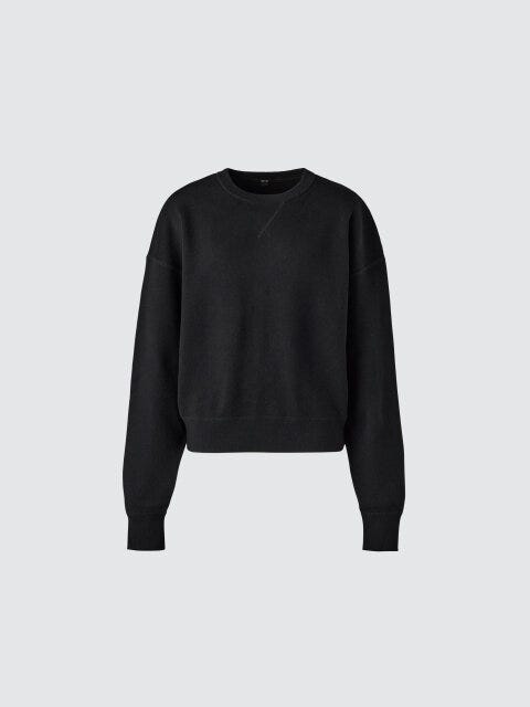 2025冬大人女性おすすめ黒スムースコットンクルーネックセーター