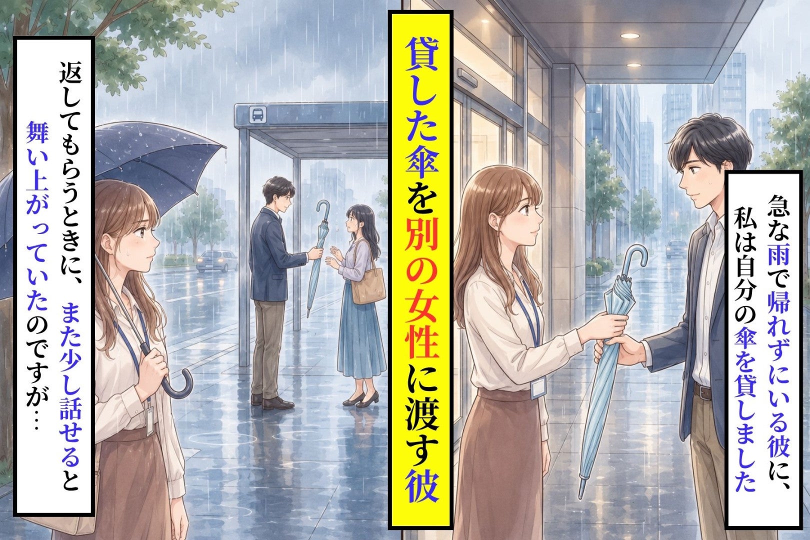 「すぐ返すから」と借りていった好きな人が→私の傘を、知らない女性にそっと差し出していた