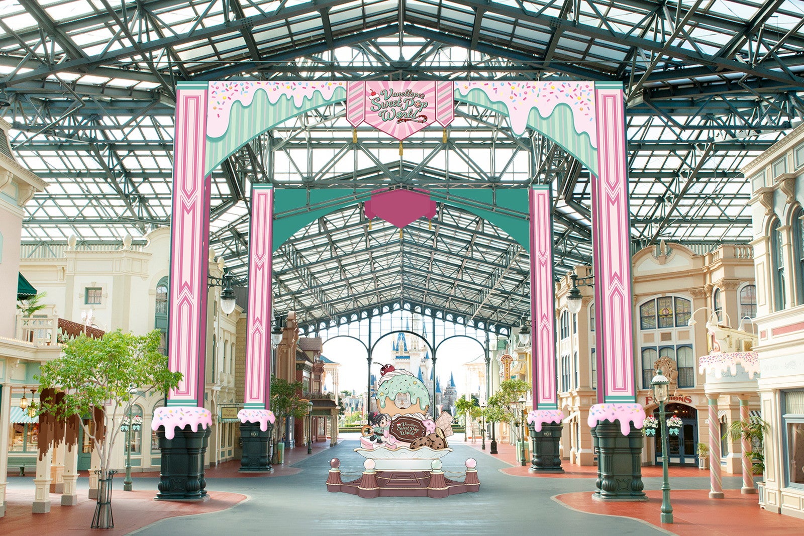 ワールドバザール内のスウィーツのフォトロケーション（C）Disney