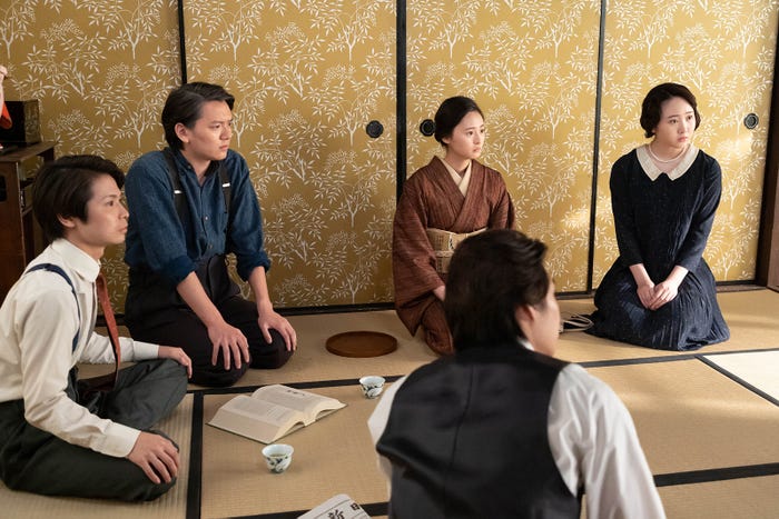 (左から)木村風太、濱田龍臣、遠藤さくら、本田望結 「らんまん」第129話(C)NHK