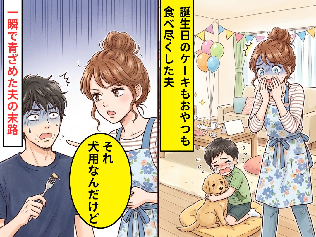 誕生日用のケーキもおやつも食い尽くされた！？だが直後⇒妻「それ犬用なんだけど」一瞬で青ざめた夫の【末路】