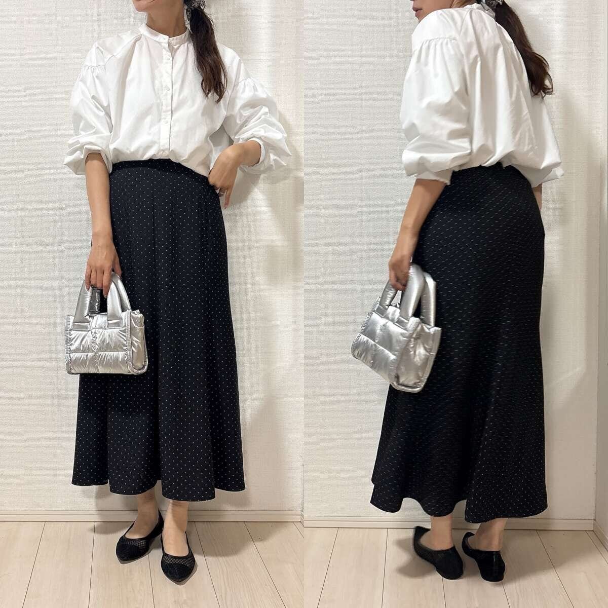 ユニクロのマーメイドマキシスカート×ホワイトブラウスのきれいめコーデ全身