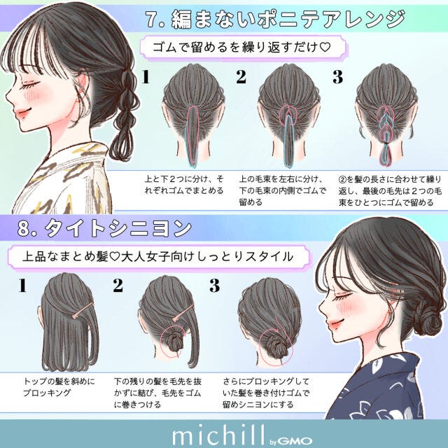 黒髪ロングさん向け　浴衣ヘアアレンジ　簡単　垢抜け　12style　kyoko.　イラスト　編まないポニテアレンジ　タイトシニヨン