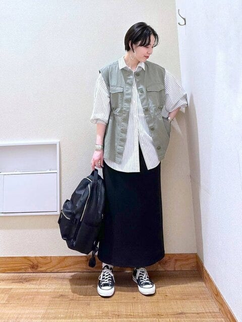 GLOBALWORK　黒ワンピース　着回しコーデ　レイヤード