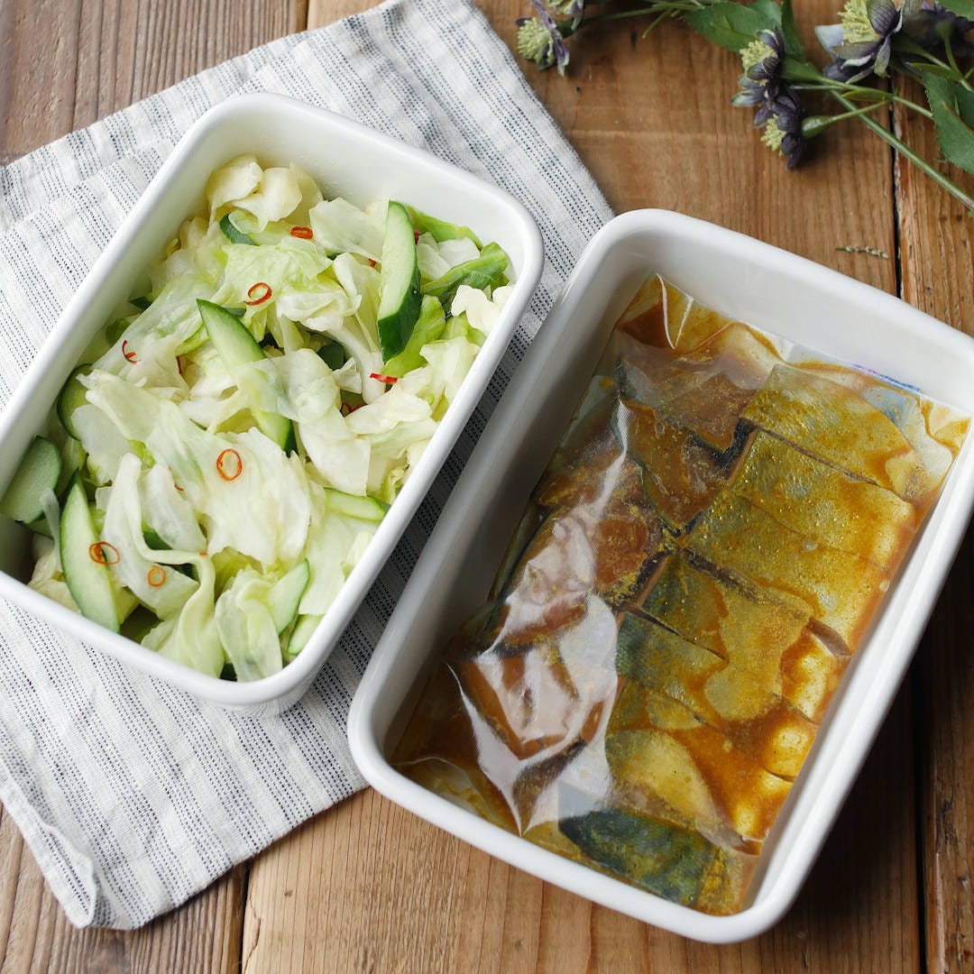 【漬け込み晩ごはん】さばのカレー竜田揚げ&キャベツの浅漬け晩ごはん