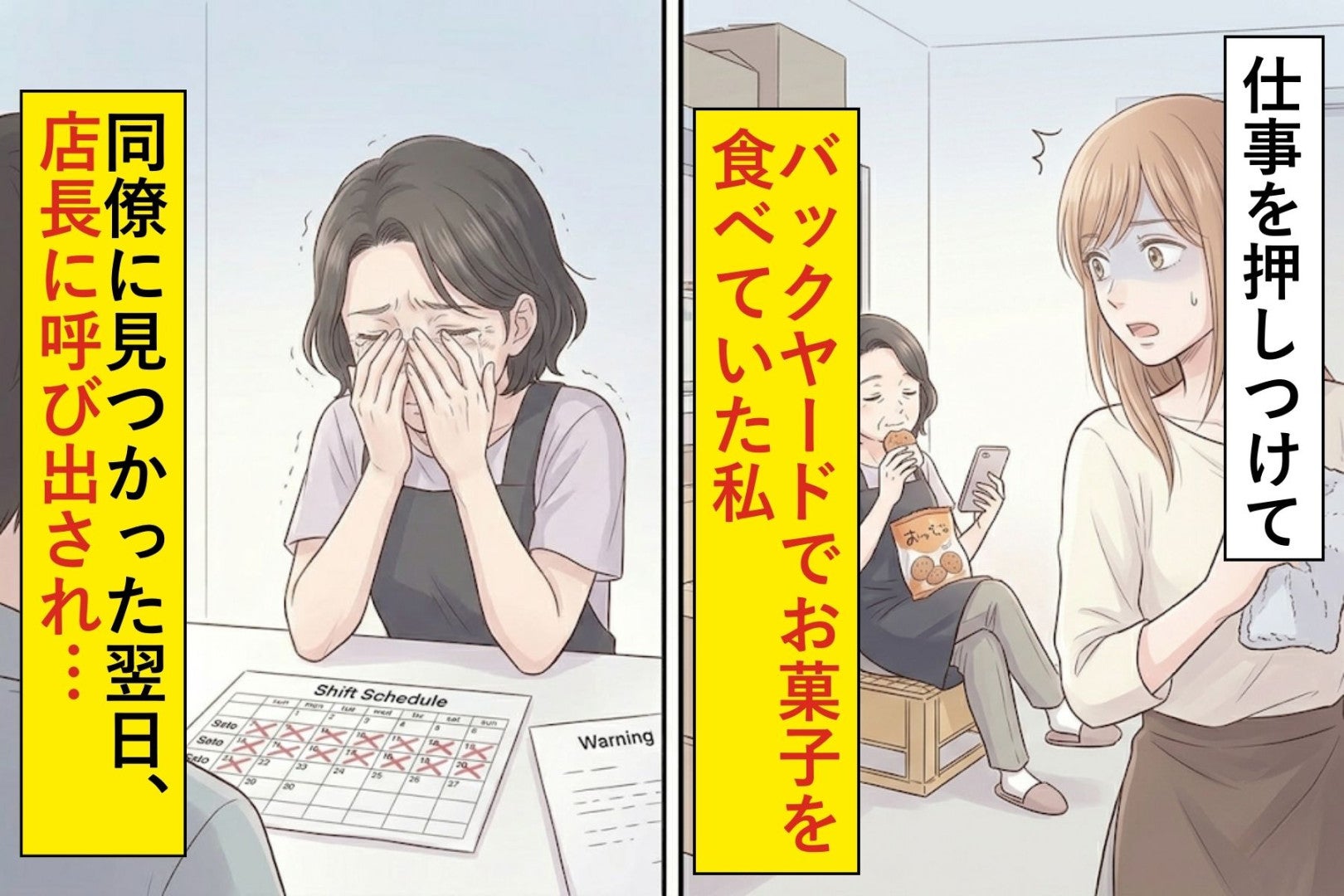 仕事を押しつけてバックヤードでお菓子を食べていた私→同僚に見つかった翌日、店長に呼び出され…