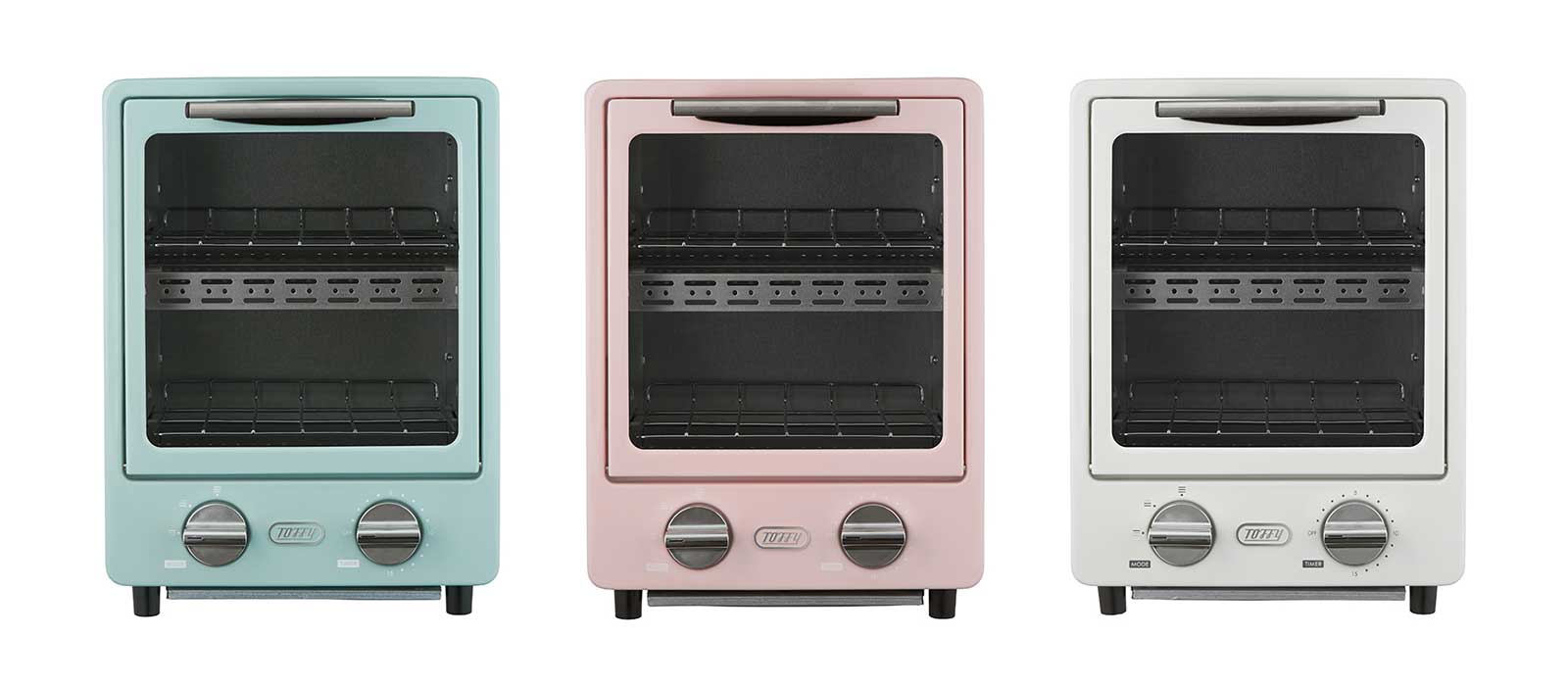 オーブントースター5,400円（税込）／（左から）「ペールアクア」「シェルピンク」「アッシュホワイト」