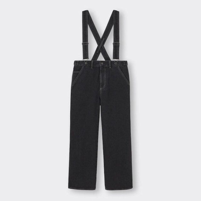 GU　デニム　パンツ　トレンド　サスペンダー付きワイドジーンズ