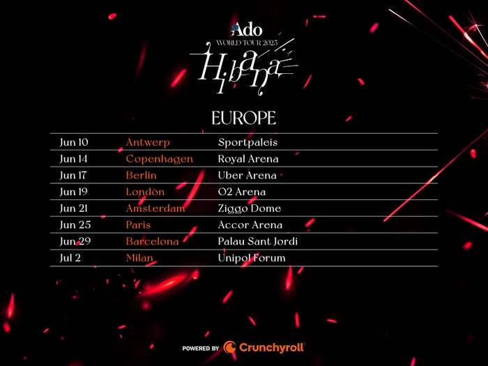 「Ado WORLD TOUR 2025 “Hibana” Powered by Crunchyroll」ヨーロッパカレンダー(提供写真)