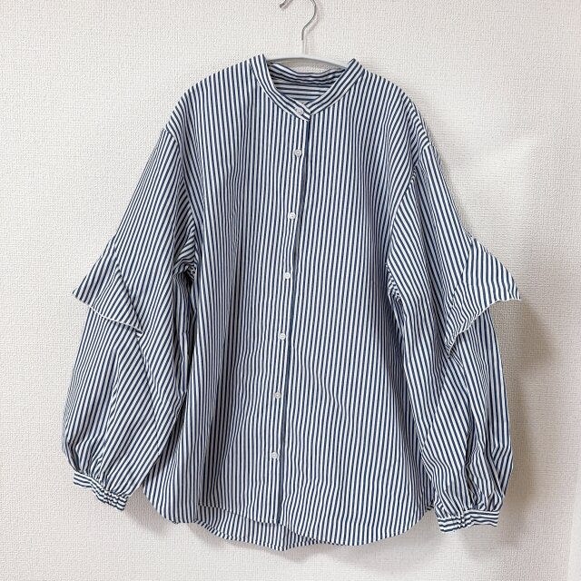 GU　ラッフルスリーブブラウス　長袖　ストライプ