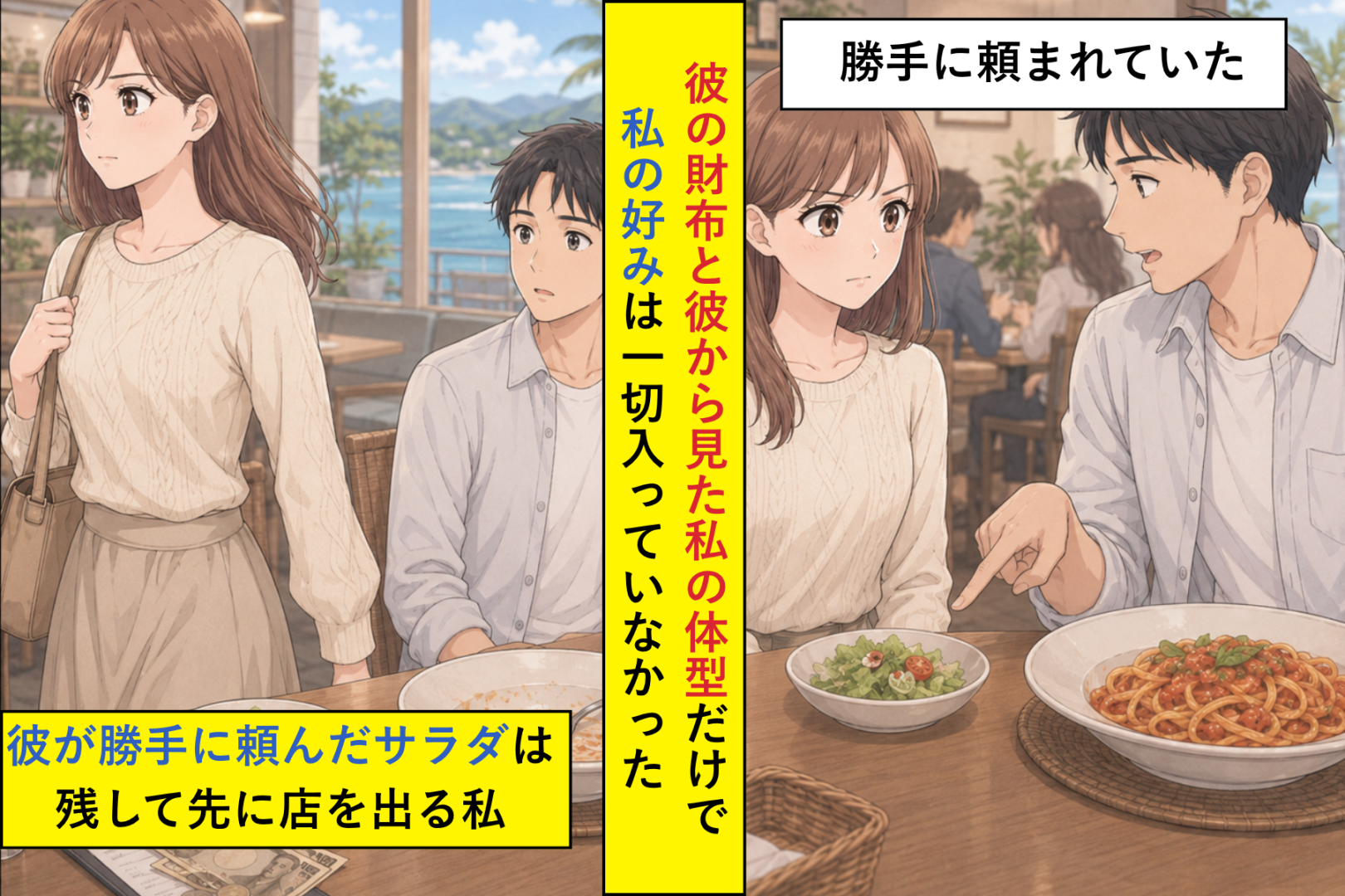 「君の分も頼んどいた」自分は大盛り、私にはミニサラダを頼んだ彼→私は店員さんを呼びました