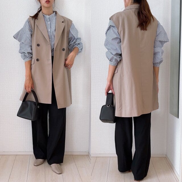 GU　オーバーサイズダブルブレストベスト　ストライプシャツ　コーデ