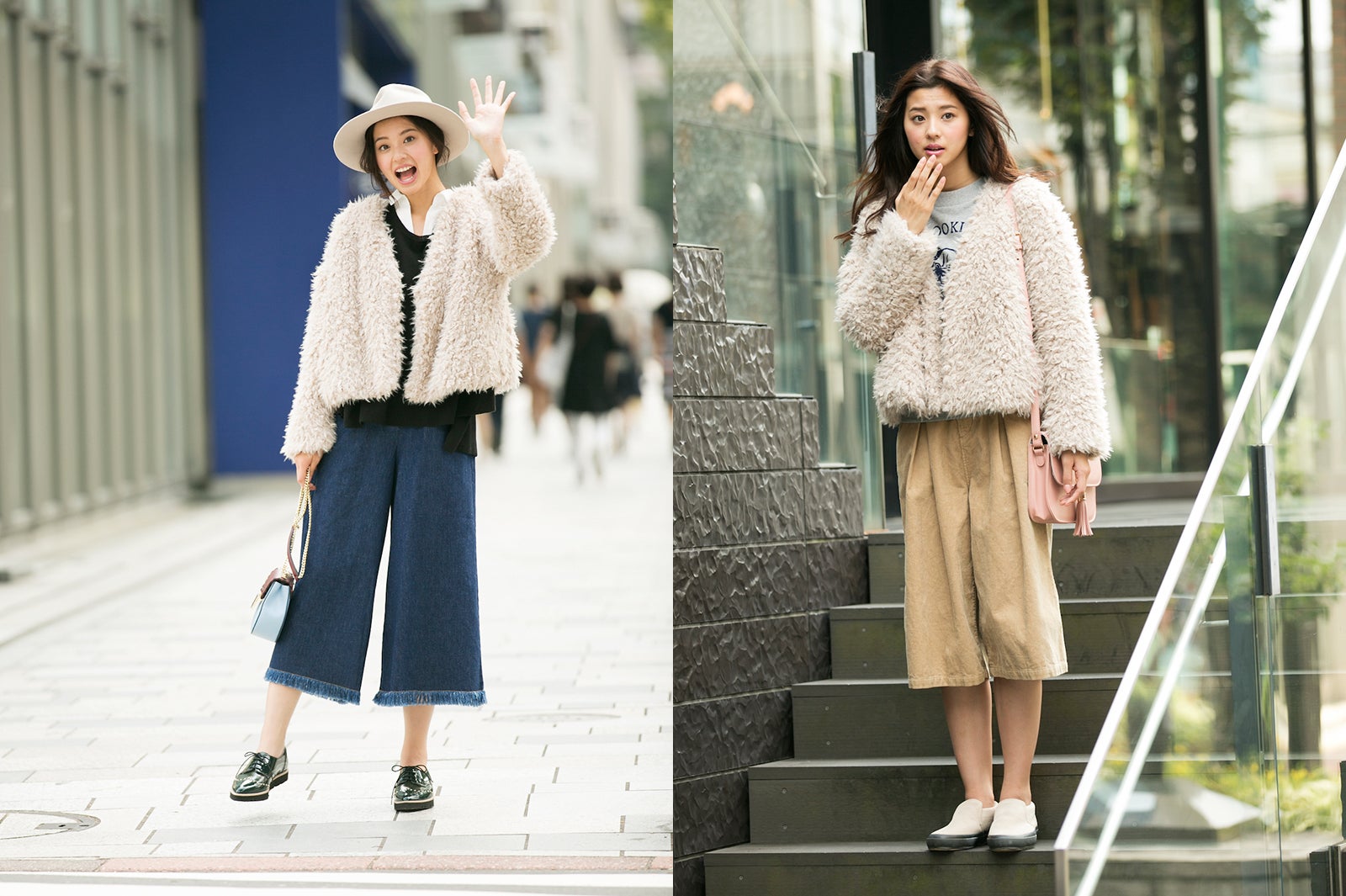 モコモコ“ピンクのファーコート”でカジュアルに変身