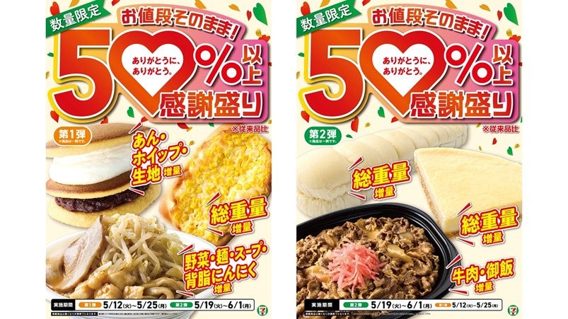 セブン、人気商品12品が50%以上増量 創業感謝祭「感謝盛り」開催