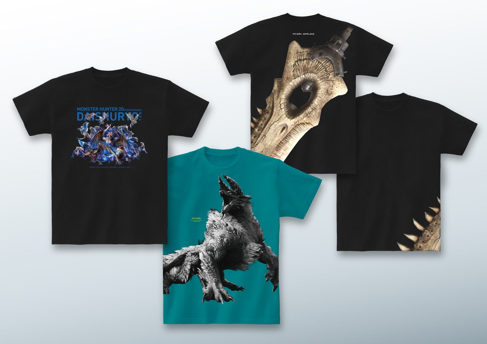 「大狩猟展」オリジナルTシャツ／キービジュアルTシャツ(黒)・総選挙TOP3ビッグプリントTシャツ(ジンオウガ)・こっそり装備Tシャツ(大剣：リュウノアギト)（C）CAPCOM