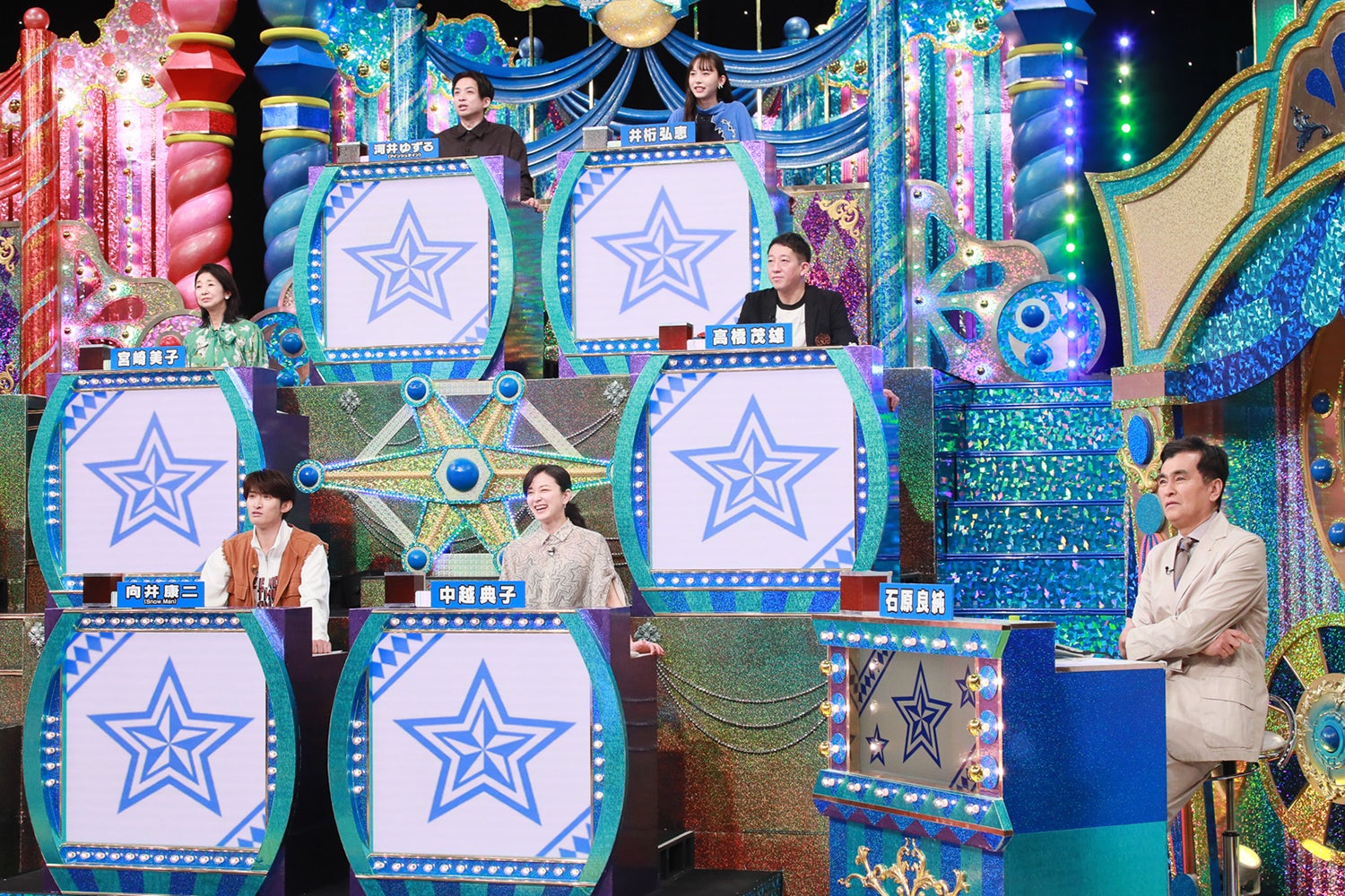 （1段目左から）向井康二、中越典子、石原良純（2段目左から）宮崎美子、高橋茂雄（3段目左から）河井ゆずる、井桁弘恵（C）テレビ朝日