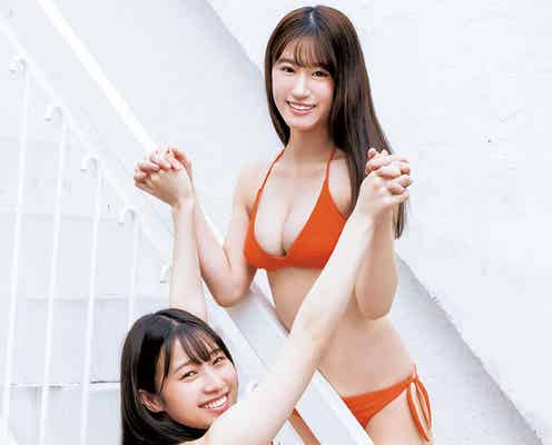 NMB48安部若菜＆上西怜、赤とオレンジの水着で健康的なボディライン披露