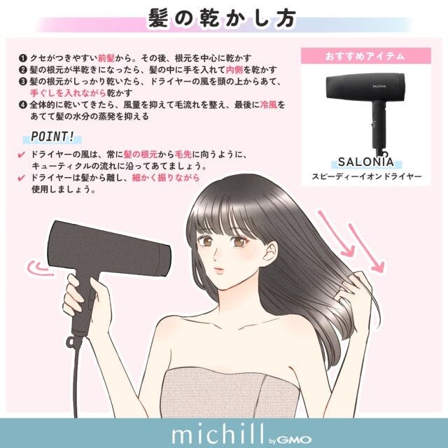 好印象　ヘアケア　ツヤ髪　Before　After　Pyom　イラスト　髪の乾かし方