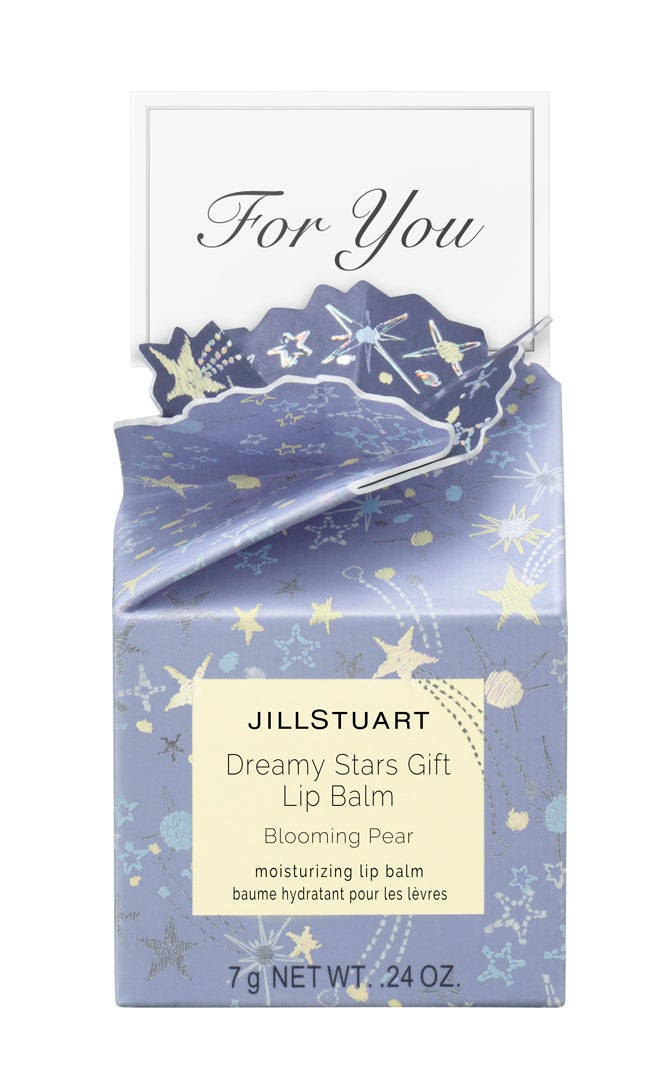「ドリーミースターズギフト リップバーム ブルーミングペアー」パッケージ（カード付）（C）JILL STUART Beauty