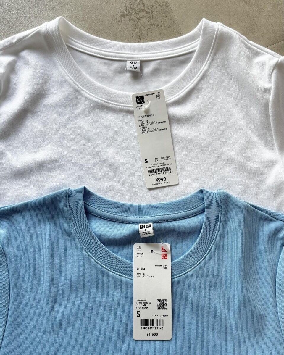 ユニクロとGUのミニTシャツのタグが見える俯瞰写真 ユニクロとGUのミニTシャツのタグが見える俯瞰写真