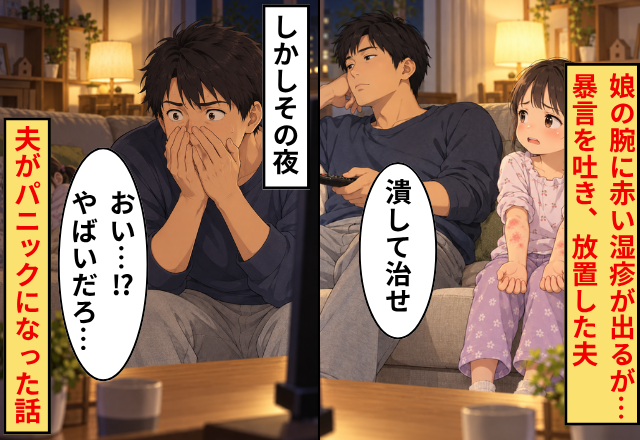 娘の腕に赤い湿疹…夫「潰して治せ」しかしその夜⇒娘の姿を見た瞬間「おい…！？やばいだろ…」夫がパニックになった話