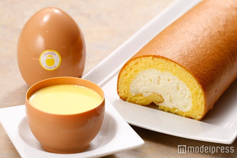 （左から）長壽卵とミルクで作ったなめらか食感の「箱根プリン」320円（税込）、米粉入りのふわもち生地で和三盆の砂糖入のクリームを包んだ「箱根ロール」1340円（税込）／画像提供：小田急エージェンシー