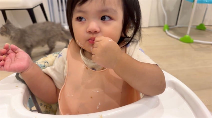 アレクサンダー、早朝から次女・グーちゃんの手づかみ食べに奮闘「いやー大変w」