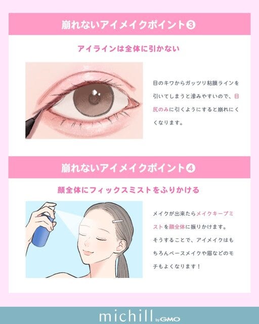 崩れないアイメイクポイント　アイラインは全体に引かない　フィックスミストをふりかける