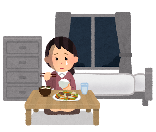 泣きながらご飯を食べる人のイラスト(女性)