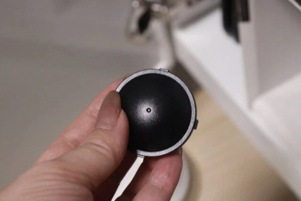 女性の手がゴキブリダンゴの黒い容器を持つ