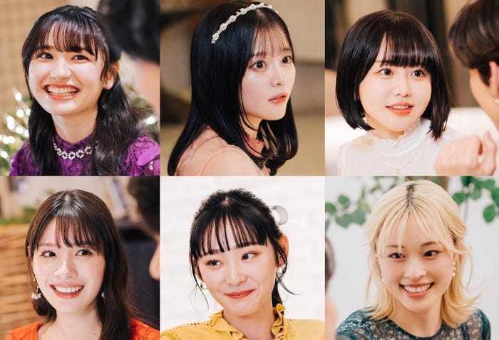 (左上から時計回りに)かりん、齊藤なぎさ、ちせ、美月、永井愛実、中川紅葉「花束とオオカミちゃんには騙されない」女性メンバー(C)AbemaTV, Inc.