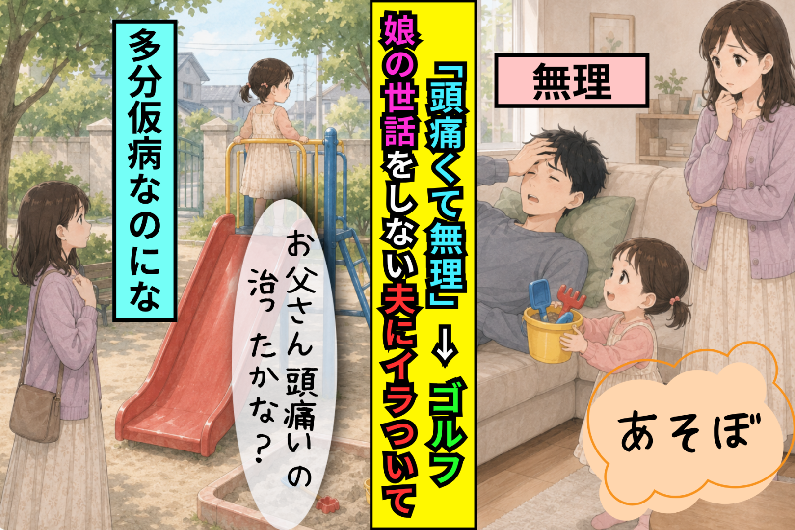 「頭痛くて無理」娘との公園を断った夫、３０分後にゴルフバッグを持って出ていった