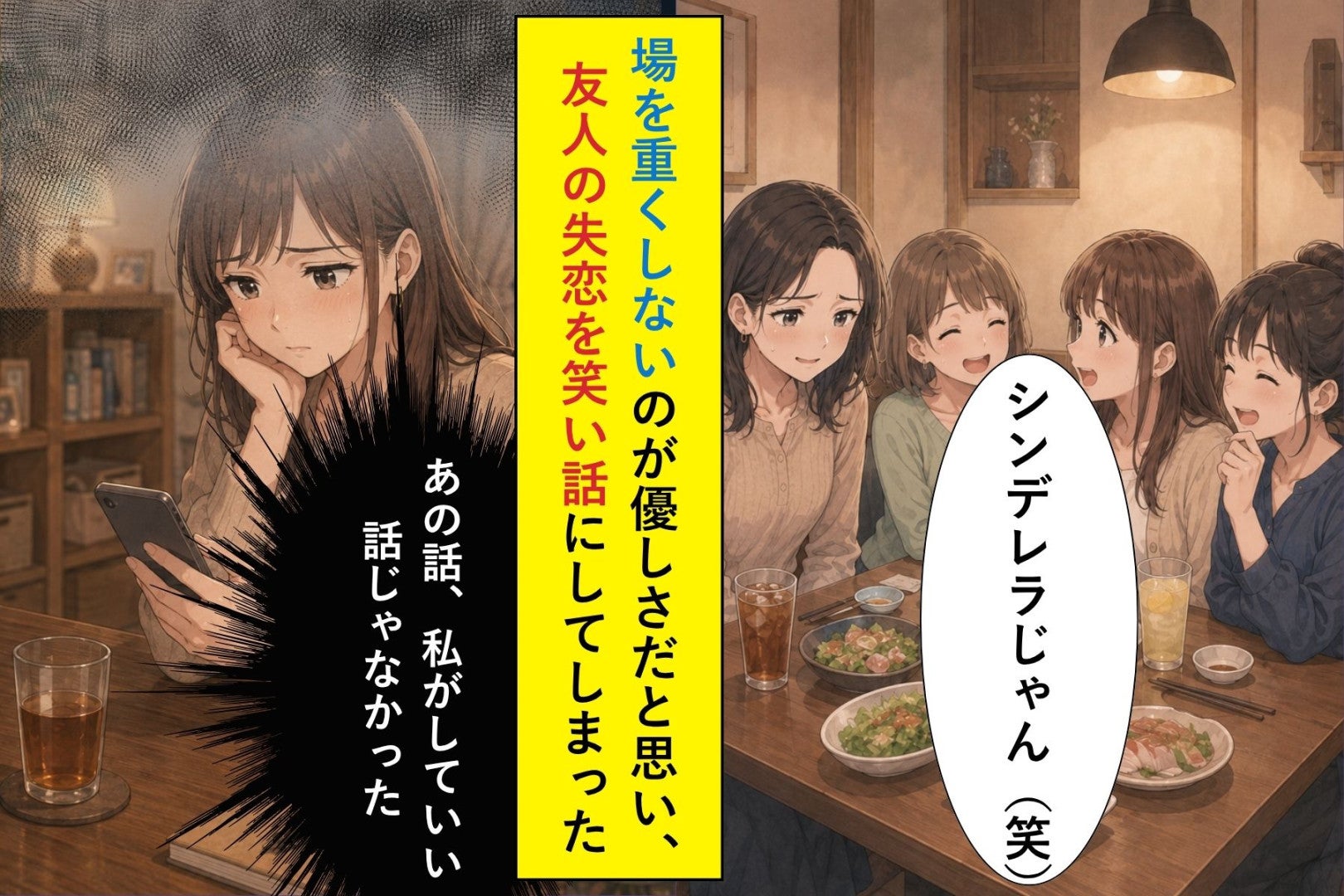 場を重くしないのが優しさだと思っていた私、友人の失恋を笑い話にした帰り道、「まだ笑えないんだ」と言われて