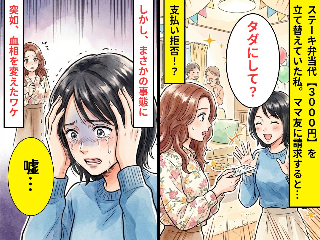 ステーキ弁当代【3,000円】を請求すると、ママ友「タダにして？」しかし⇒突然「嘘…」血相を変えたワケ