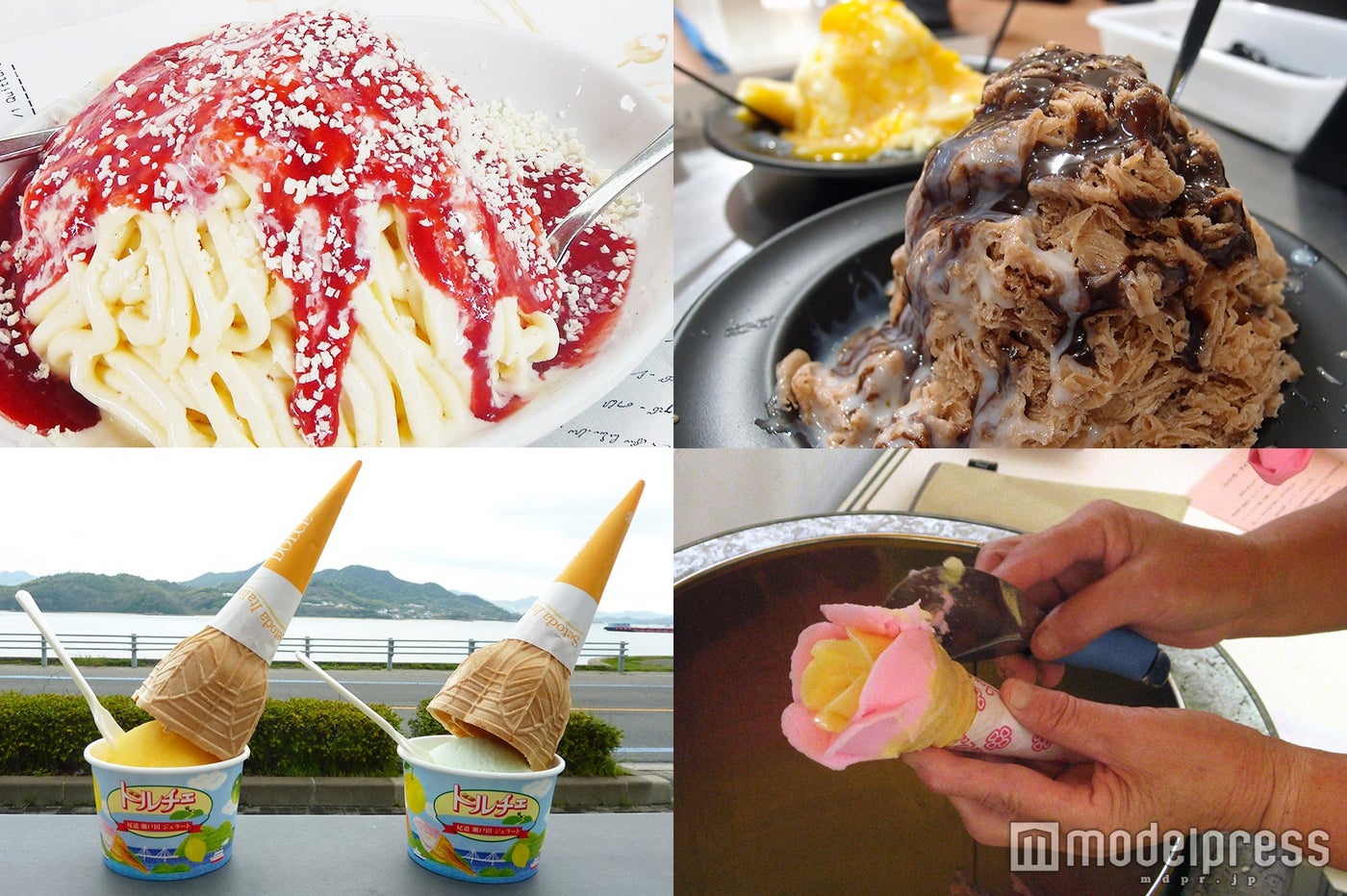 （左上から時計回り）スパゲッティアイス、台湾かき氷、ババヘラアイス、しまなみドルチェ／画像提供：アイスクリーム博覧会2016実行委員会
