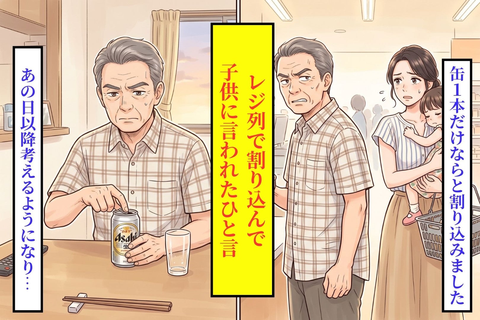 「ビール１缶だけだから良いだろ。文句言うな」と言った俺が、列の一番後ろへ戻るまで