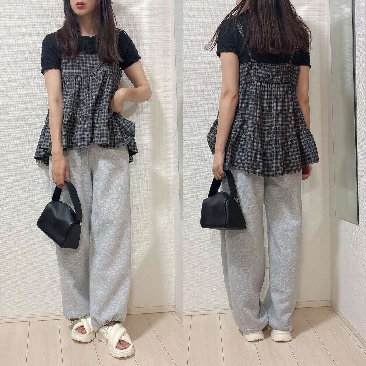 チェック柄キャミチュニックをTシャツとスウェットパンツに合わせた女性の全身コーデ チェック柄キャミチュニックをTシャツとスウェットパンツに合わせた女性の全身コーデ