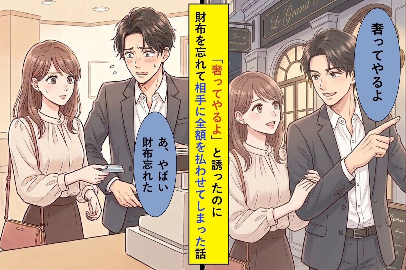 「奢ってやるよ」と誘ったのに財布を忘れて相手に全額を払わせてしまった…