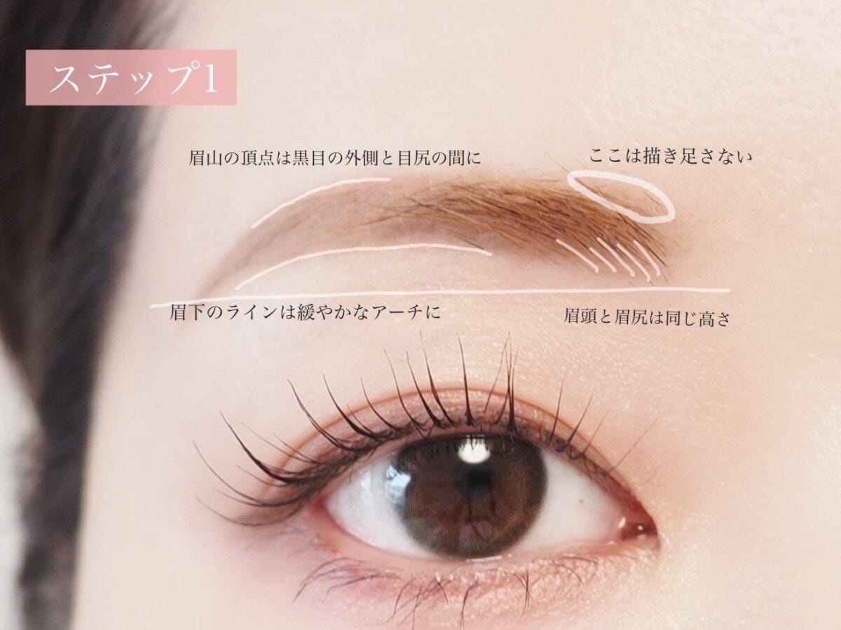 メイクアップアドバイザー 伊早坂美裕 令和的抜け感アーチ眉の作り方 眉山の位置と眉下の緩やかなアーチを示すアーチ眉ステップ1