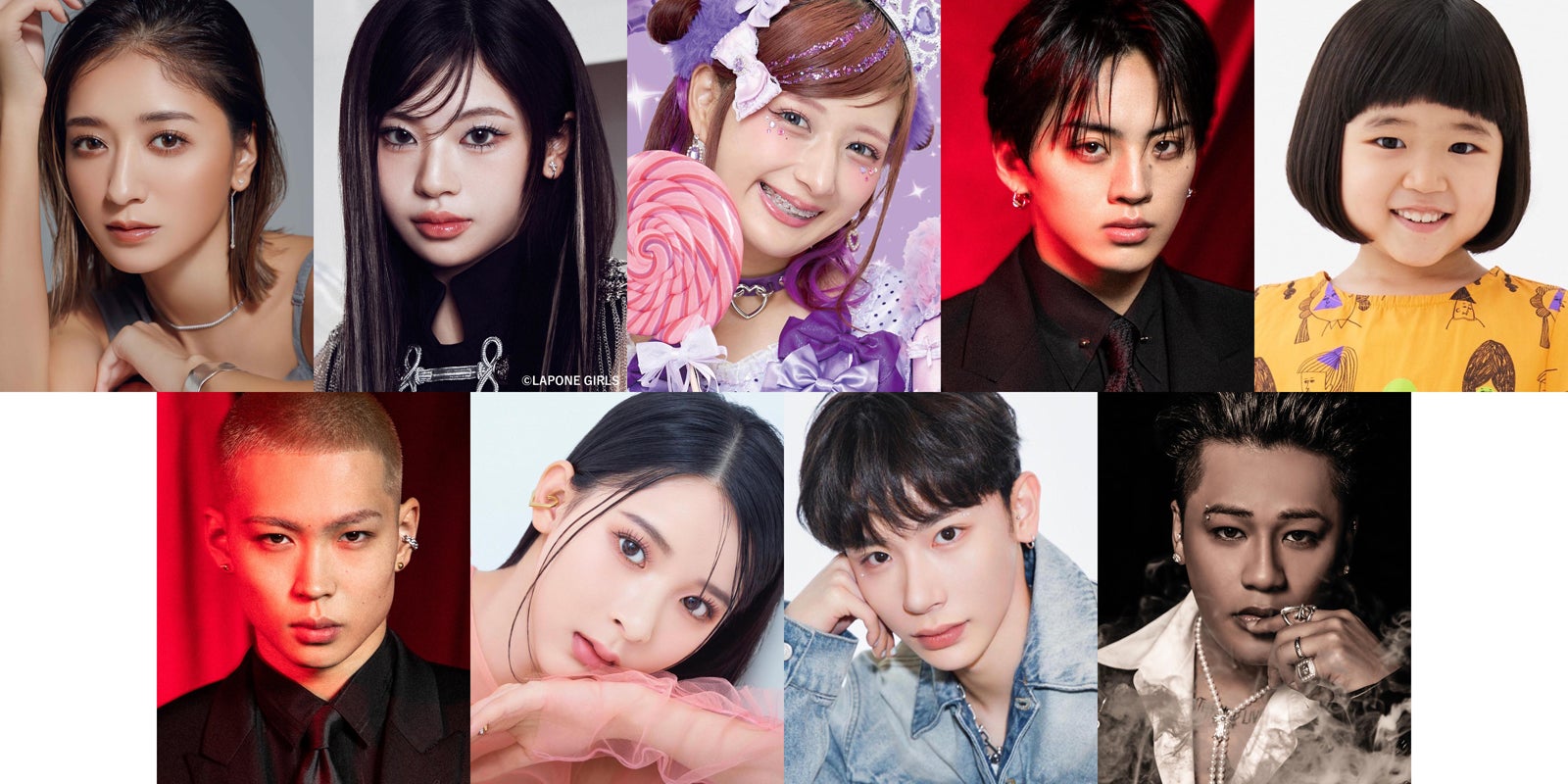 （左から）【メインモデル】池田美優、RINON（ME:I）　【ゲスト】しなこ、TAKI（THE JET BOY BANGERZ）、永尾柚乃、HINATA（THE JET BOY BANGERZ）、ミチ、よしあき　※各50音順　【メインアーティスト】ELLY/CB（三代目 J SOUL BROTHERS）（提供写真）