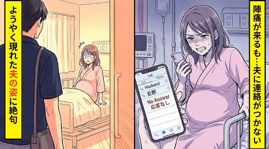 陣痛が来て夫に連絡するも…電話もメッセージも繋がらない！？だが1時間後⇒ようやく現れた”夫の姿”に言葉を失った話