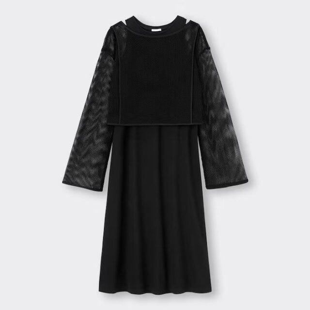GU　黒ワンピース　春夏コーデ　マストバイ　メッシュセットワンピース