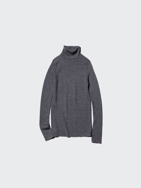 メリノリブタートルネックセーター 2025ユニクロ女性おすすめグレーニットメリノリブタートルネックセーター